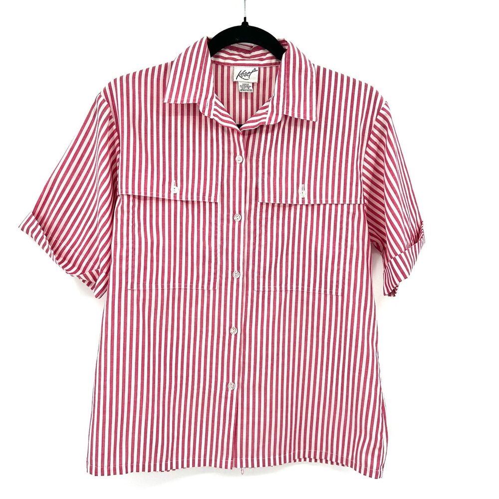 KORET Women's Pink White Striped Short Sleeve Button Up Lightweight Blouse Top 8